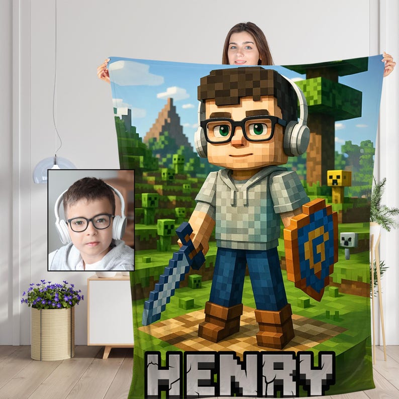 Personalized Pixel-Style Blanket,Custom Face & Name Gamer Blanket, Game Lover Gift for Kids/Boys/Son, Videogames Gift Birthday or Christmas.