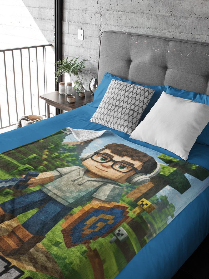 Personalized Pixel-Style Blanket,Custom Face & Name Gamer Blanket, Game Lover Gift for Kids/Boys/Son, Videogames Gift Birthday or Christmas.