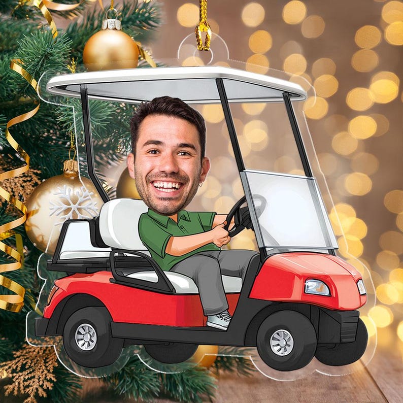 Personalized Photo Golf Cart Ornament, Gift For Golfer Golf Lover, Christmas Home Design, Flat 2d Ornament, Christmas Gift, Acrylic Ornament