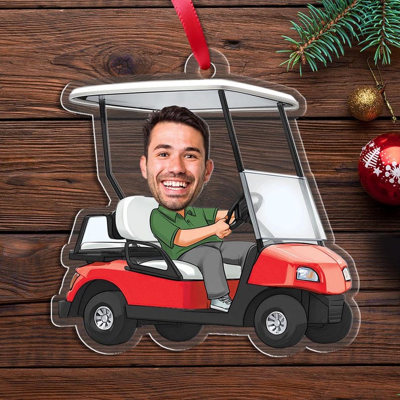 Personalized Photo Golf Cart Ornament, Gift For Golfer Golf Lover, Christmas Home Design, Flat 2d Ornament, Christmas Gift, Acrylic Ornament