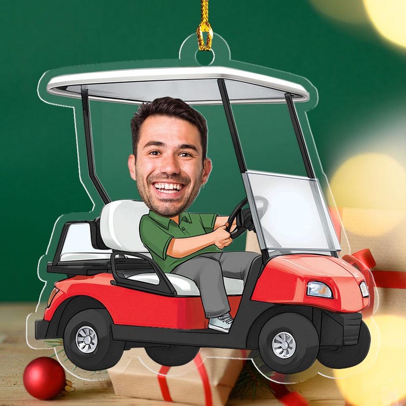 Personalized Photo Golf Cart Ornament, Gift For Golfer Golf Lover, Christmas Home Design, Flat 2d Ornament, Christmas Gift, Acrylic Ornament