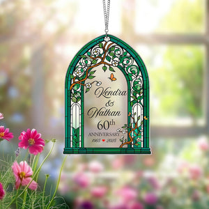 Personalized Wedding Anniversary Stained Glass Suncatcher, Custom Anniversary Keepsake for Couples, Flower Gate Window Decor, Gift For Lover