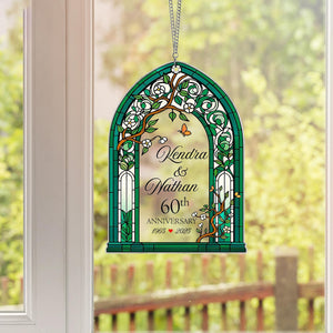 Personalized Wedding Anniversary Stained Glass Suncatcher, Custom Anniversary Keepsake for Couples, Flower Gate Window Decor, Gift For Lover