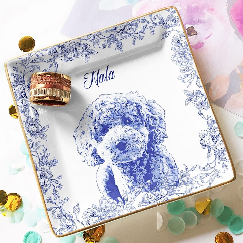 Custom Pet Portrait Jewelry Dish: Toile De Jouy Ceramic Trinket Dish