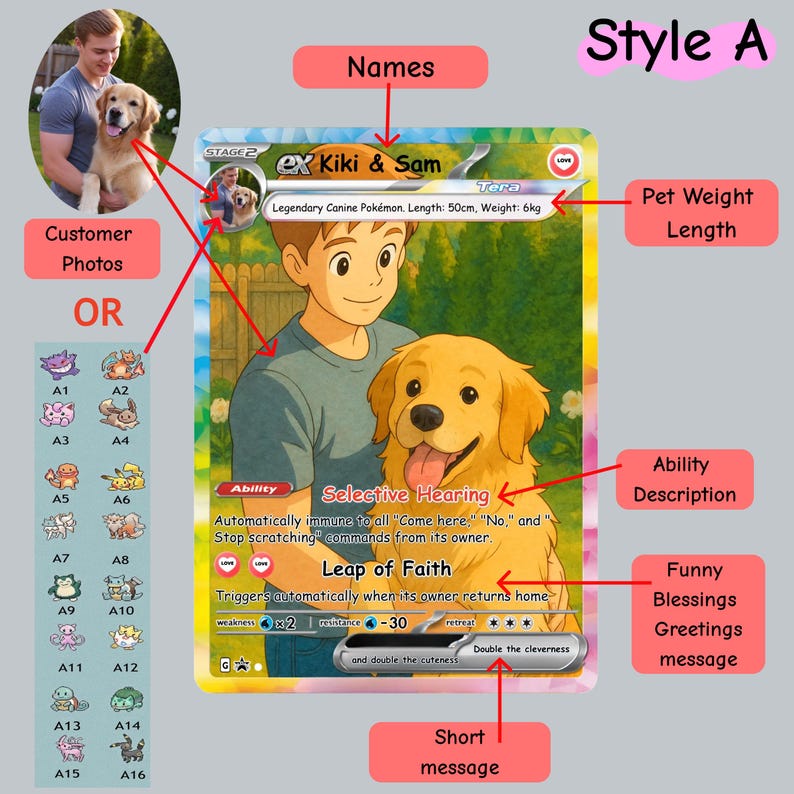 Custom Holographic Pet Pokemon Anniversary Card, Personalized Pokemon Style Portrait, Dog & Cat TCG, Gamer Gift, Geeky Pet Memorial Gift