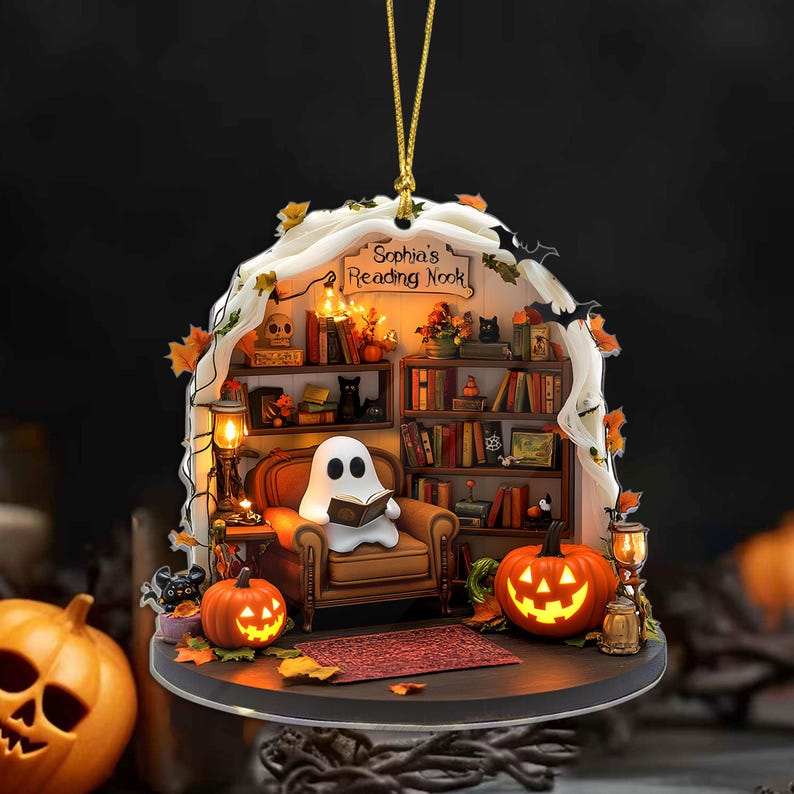 Personalized Ghost Reading Corner 2D FLAT Acrylic Halloween Ornament, Cozy Ghost Book Lover Ornament, Halloween Home Decor for Bookworms