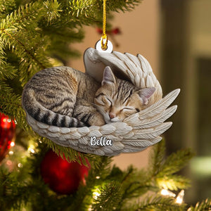 Personalized Tabby Cat Sleeping Angel Wings Wood Ornament, Flat 2D Holiday Tree Decor Gift for Pet Lovers, Memorial Keepsake Gift Idea