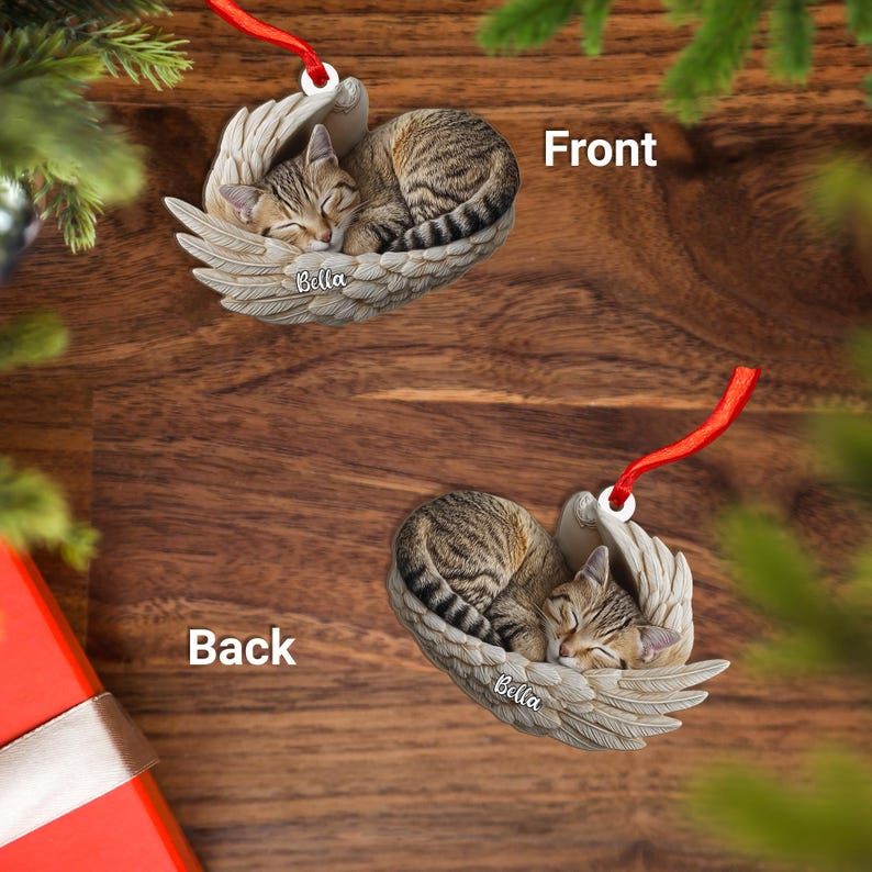 Personalized Tabby Cat Sleeping Angel Wings Wood Ornament, Flat 2D Holiday Tree Decor Gift for Pet Lovers, Memorial Keepsake Gift Idea