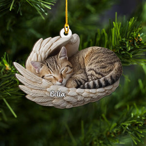 Personalized Tabby Cat Sleeping Angel Wings Wood Ornament, Flat 2D Holiday Tree Decor Gift for Pet Lovers, Memorial Keepsake Gift Idea