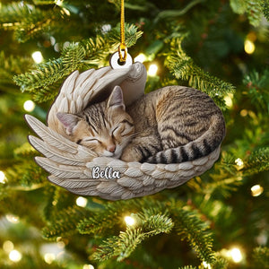 Personalized Tabby Cat Sleeping Angel Wings Wood Ornament, Flat 2D Holiday Tree Decor Gift for Pet Lovers, Memorial Keepsake Gift Idea