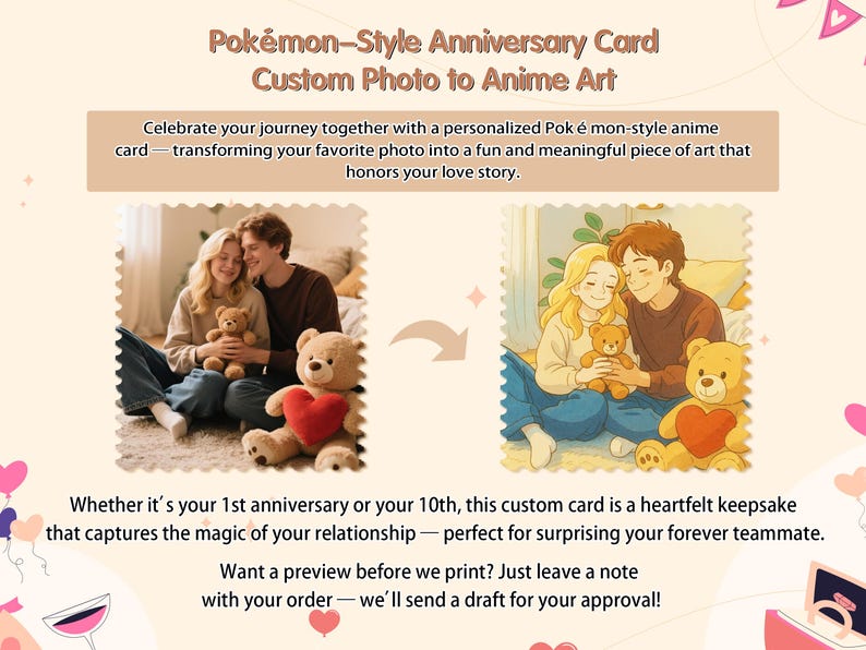 Personalized PKM Anniversary Card, Custom Anime Photo Card, Anniversary Gift, Game Couple Cards, Gift for Game Couples, Gift for Him