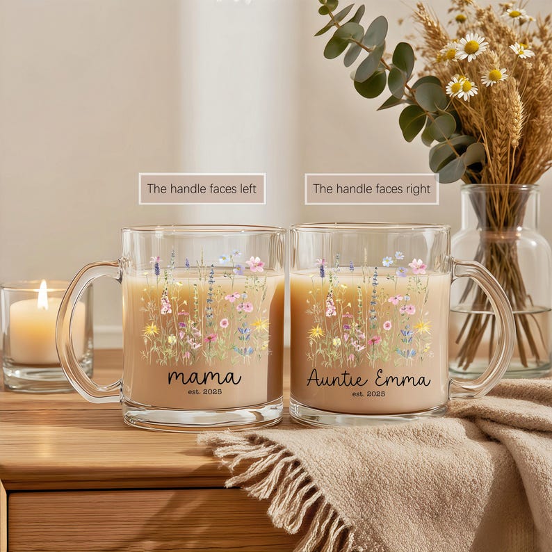 Personalized New Auntie Gift, Custom Floral Glass Coffee Mug with Name, Pregnancy Reveal Sister Gift, Baby Announcement, Gift for Bestie