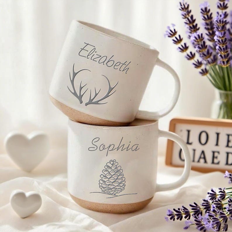 Personalized Engraved Pottery Mug Ceramic mug, Handmade Custom Mug with Text of Your Choice, Unique Custom Mug Gift for Her/Tea Coffee Lover