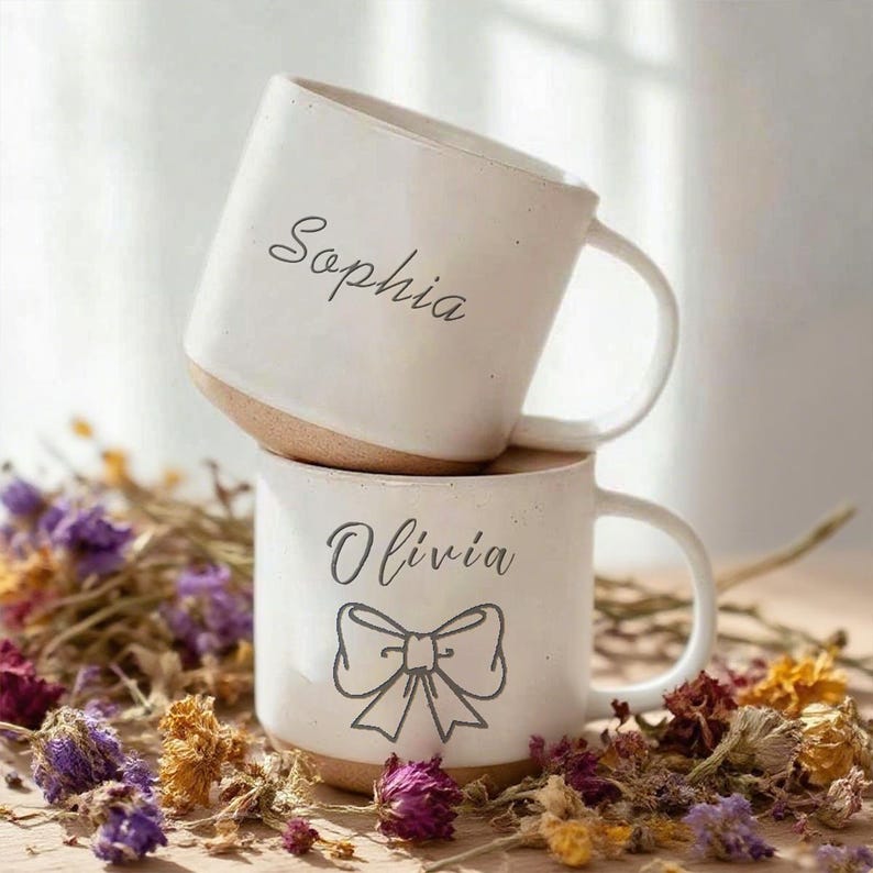 Personalized Engraved Pottery Mug Ceramic mug, Handmade Custom Mug with Text of Your Choice, Unique Custom Mug Gift for Her/Tea Coffee Lover