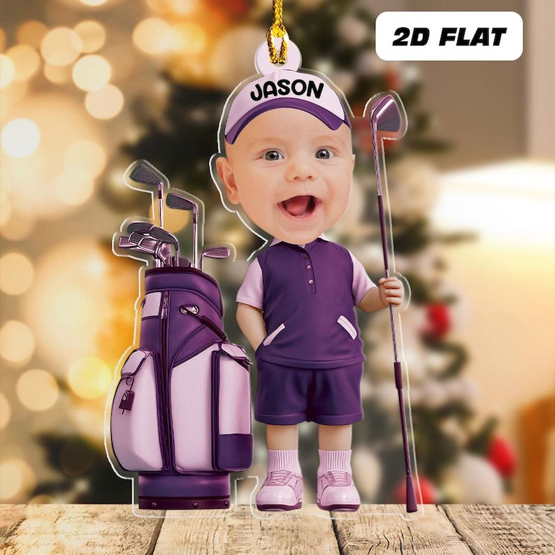 Personalized Baby Golfer Ornament, Golf Photo Ornament, Golf Baby Ornament, 2d Flat Ornament, Christmas Tree Decoration, Baby Golf Gift