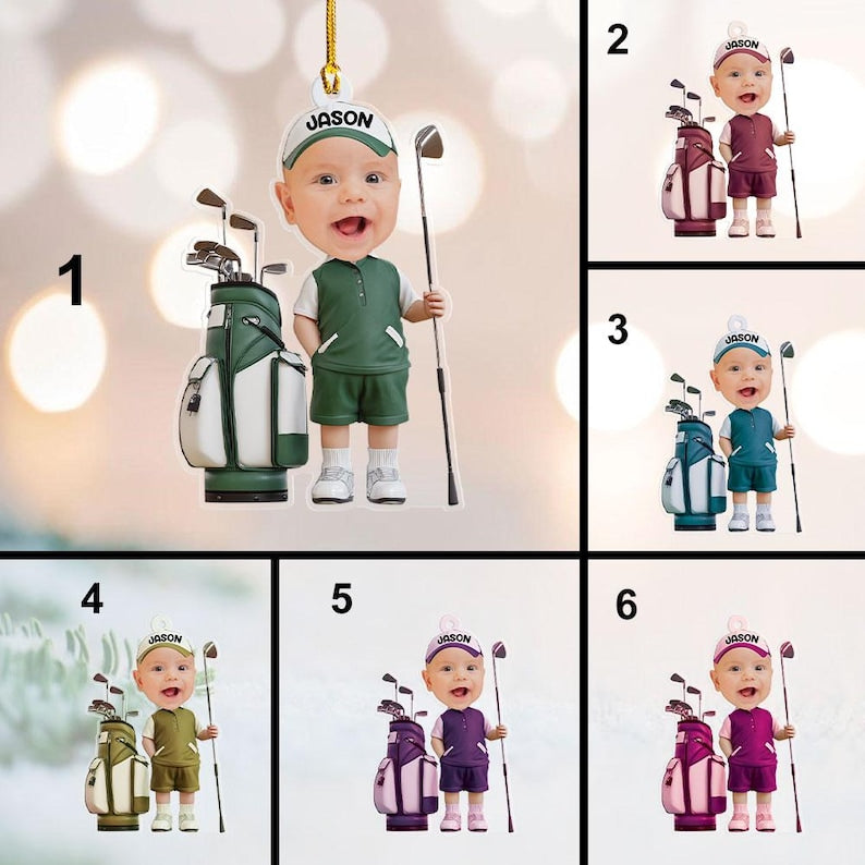 Personalized Baby Golfer Ornament, Golf Photo Ornament, Golf Baby Ornament, 2d Flat Ornament, Christmas Tree Decoration, Baby Golf Gift