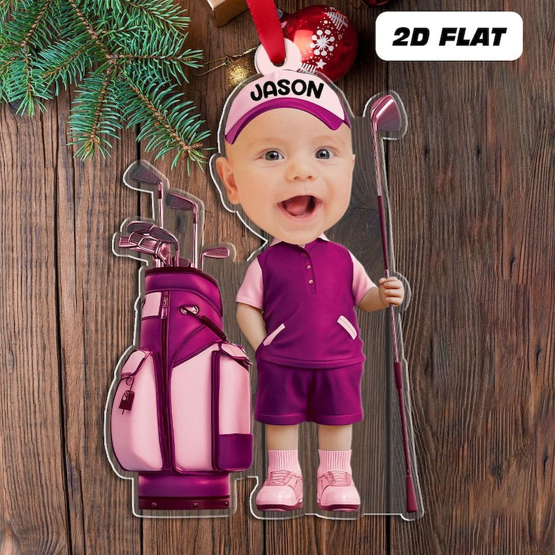 Personalized Baby Golfer Ornament, Golf Photo Ornament, Golf Baby Ornament, 2d Flat Ornament, Christmas Tree Decoration, Baby Golf Gift