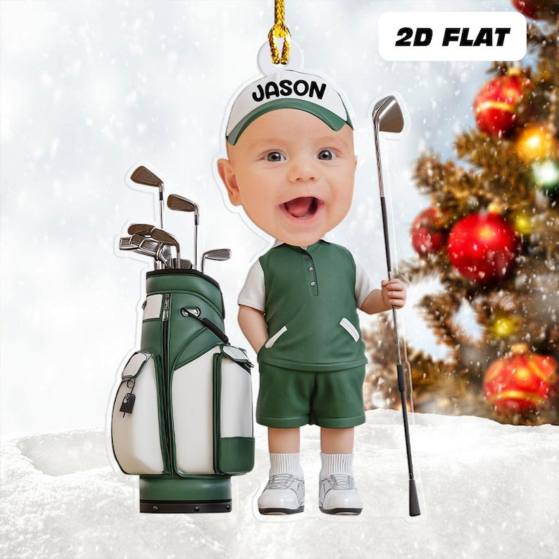 Personalized Baby Golfer Ornament, Golf Photo Ornament, Golf Baby Ornament, 2d Flat Ornament, Christmas Tree Decoration, Baby Golf Gift