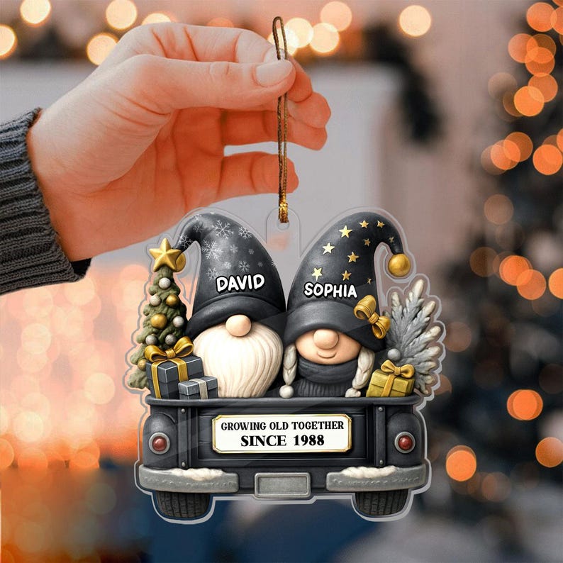 Custom Gnome Couple Growing Old Together Ornament, Personalized Gnome Couple Ornament,Personalized Wedding Anniversary Gift for Grandparents