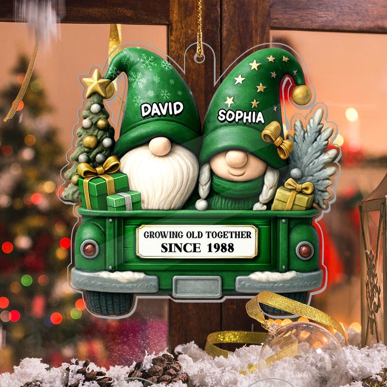Custom Gnome Couple Growing Old Together Ornament, Personalized Gnome Couple Ornament,Personalized Wedding Anniversary Gift for Grandparents