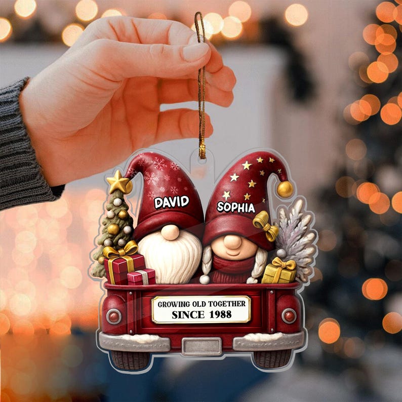 Custom Gnome Couple Growing Old Together Ornament, Personalized Gnome Couple Ornament,Personalized Wedding Anniversary Gift for Grandparents