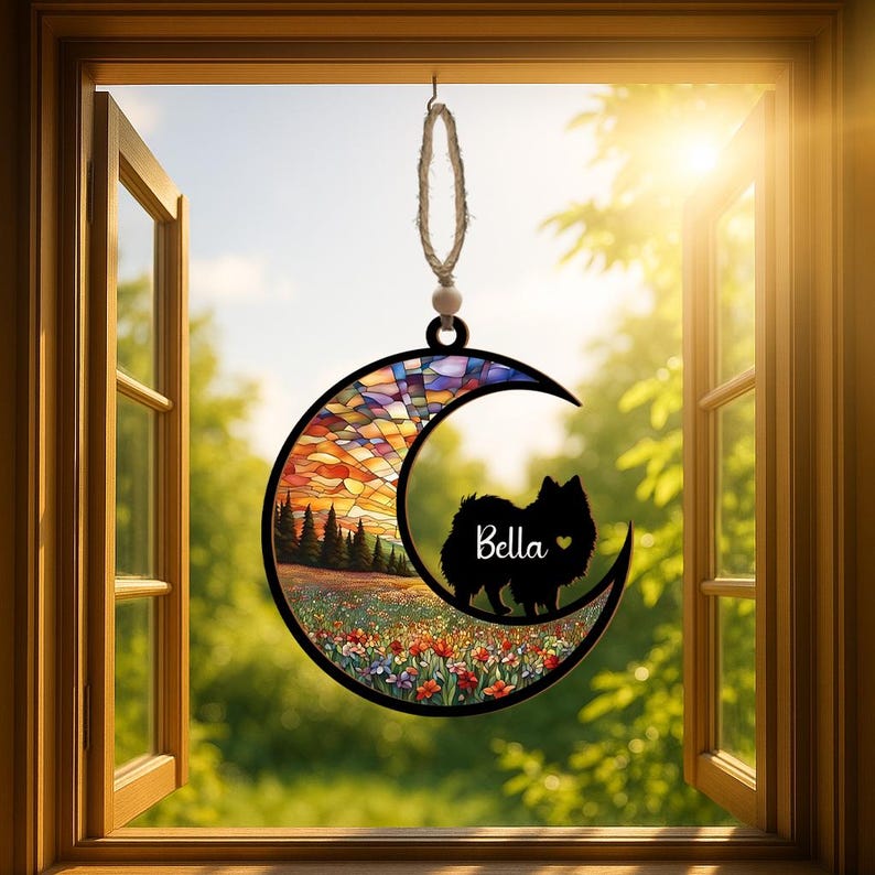 Custom Dog Suncatcher With Name, Moon & Sunset Pet Memorial Ornament, Personalized Puppy Loss Gift, Dog Remembrance Window Decor