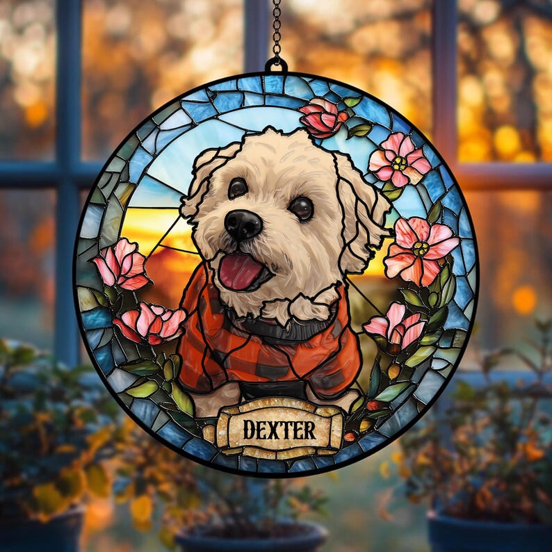 Custom Pet Portrait Stained Glass Suncatcher, Stained Glass Dog Memorial, Custom Dog Portrait from Photo, Pet Memorial Gift, Window hangings