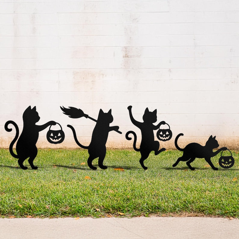 Halloween Cat Metal Yard Stake, Dancing Cat Sign, Witch Cat Garden Decor, Halloween Outdoor Decoration, Halloween Party Yard Sign