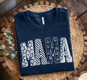 Fall Mama T-Shirt, Halloween Patchwork Letters Clipart, Pumpkin Leopard Checkered Shirt, Cozy Autumn Shirt