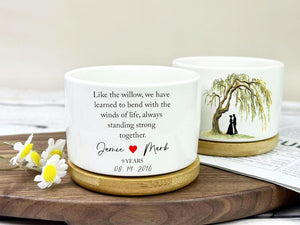Willow Tree Ceramic Pot Wedding Keepsake Gift, 9 Years Anniversary Pot, Custom Willow Tree Pot Gift, Personalised Flower Pot Gift for Couple