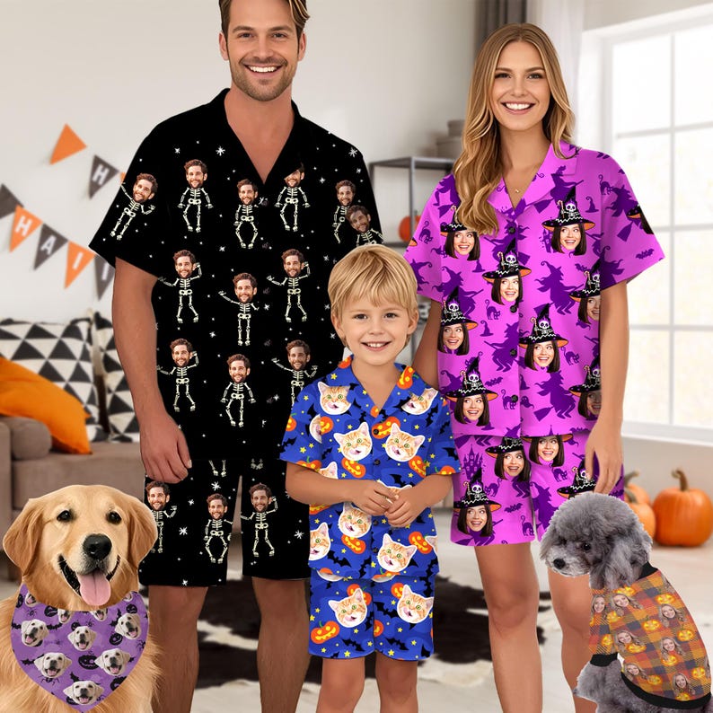 Custom Halloween Face Pajama Set, Personalized Family Halloween Pajamas, Matching Halloween Pajama Set, Spooky Family Costume Gift for Him