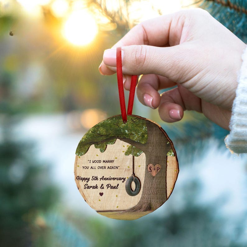 Custom Wood Anniversary Wedding Ornament, 5th Anniversary Christmas Ornament, 5th Year Anniversary Gifts, 5th Year Wood Anniversary Ornament