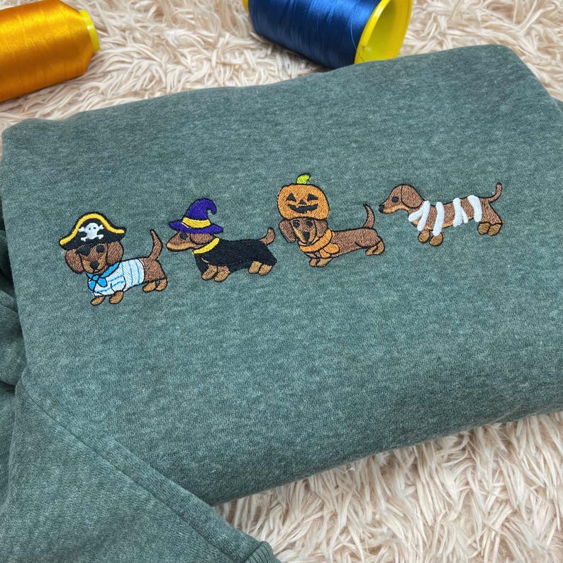 Dachshund Halloween Embroidered Sweatshirt, Cute Dog Costume Crewneck, Spooky Season Fall Dog Shirt, Wiener Dog Lover Tee, Dog Mom Shirt
