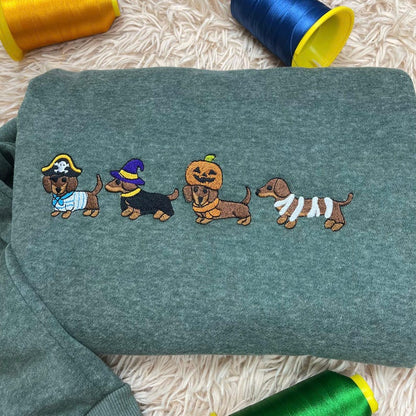 Dachshund Halloween Embroidered Sweatshirt, Cute Dog Costume Crewneck, Spooky Season Fall Dog Shirt, Wiener Dog Lover Tee, Dog Mom Shirt