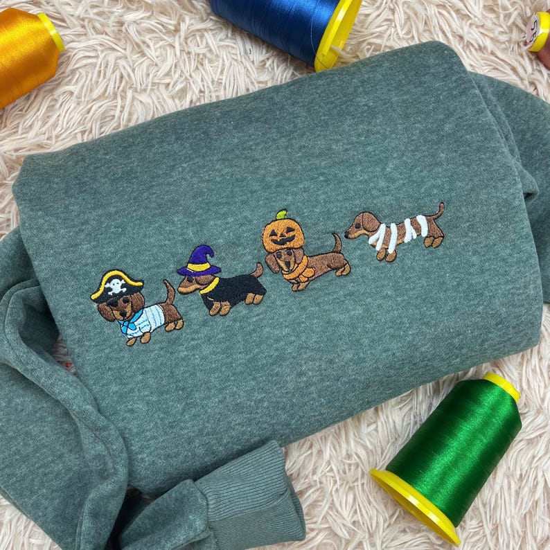 Dachshund Halloween Embroidered Sweatshirt, Cute Dog Costume Crewneck, Spooky Season Fall Dog Shirt, Wiener Dog Lover Tee, Dog Mom Shirt
