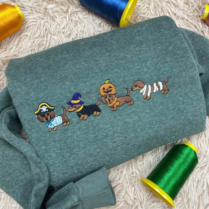 Dachshund Halloween Embroidered Sweatshirt, Cute Dog Costume Crewneck, Spooky Season Fall Dog Shirt, Wiener Dog Lover Tee, Dog Mom Shirt