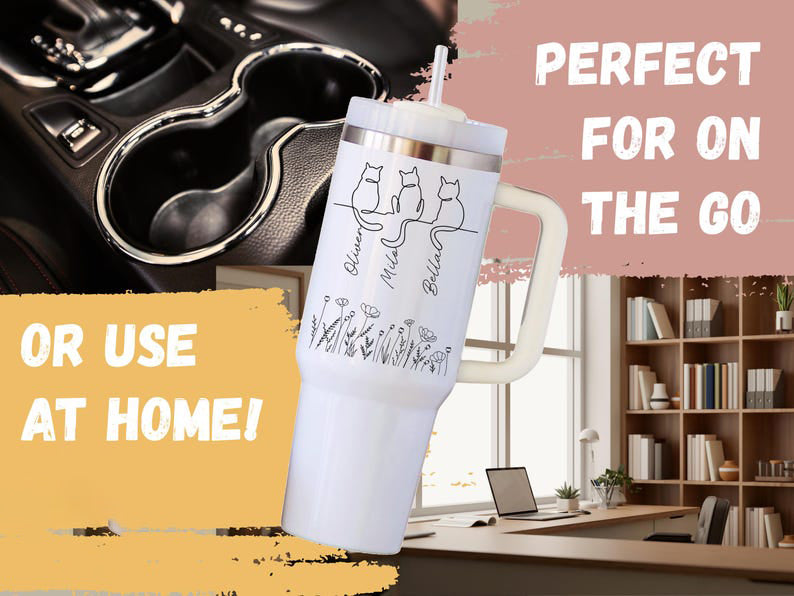 Personalized Cat Names 40oz Tumbler, Custom Cat Mum, Minimalist Cat Lover Gifts, Personalized Lineart Cat Parent, Cat Names on Wildflowers
