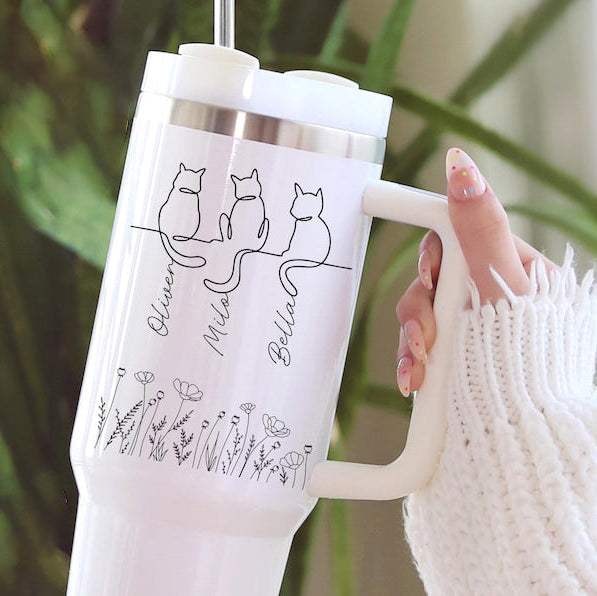 Personalized Cat Names 40oz Tumbler, Custom Cat Mum, Minimalist Cat Lover Gifts, Personalized Lineart Cat Parent, Cat Names on Wildflowers
