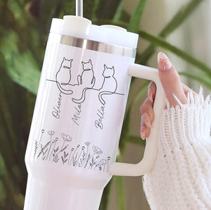 Personalized Cat Names 40oz Tumbler, Custom Cat Mum, Minimalist Cat Lover Gifts, Personalized Lineart Cat Parent, Cat Names on Wildflowers