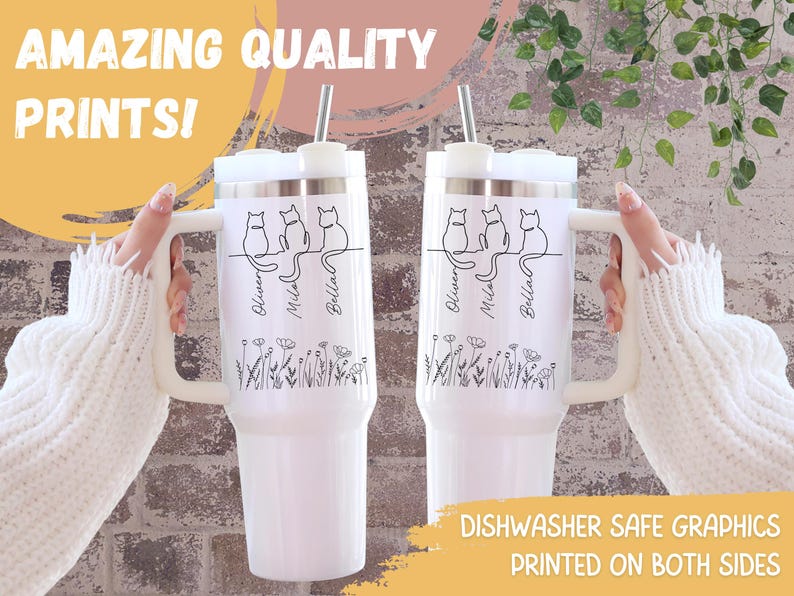 Personalized Cat Names 40oz Tumbler, Custom Cat Mum, Minimalist Cat Lover Gifts, Personalized Lineart Cat Parent, Cat Names on Wildflowers