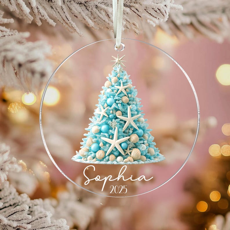 Personalized Coastal Christmas Ornament, Aqua Christmas Gift, Beachy Christmas Ornament, Real Starfish Acrylic Ornament, Gift For Daughter
