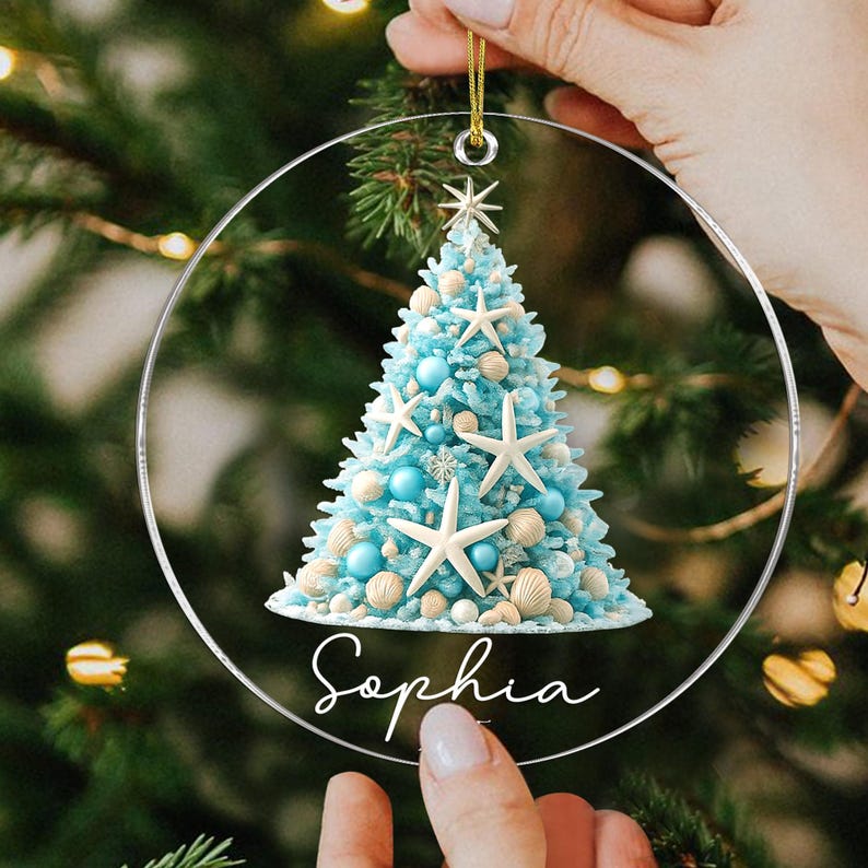 Personalized Coastal Christmas Ornament, Aqua Christmas Gift, Beachy Christmas Ornament, Real Starfish Acrylic Ornament, Gift For Daughter
