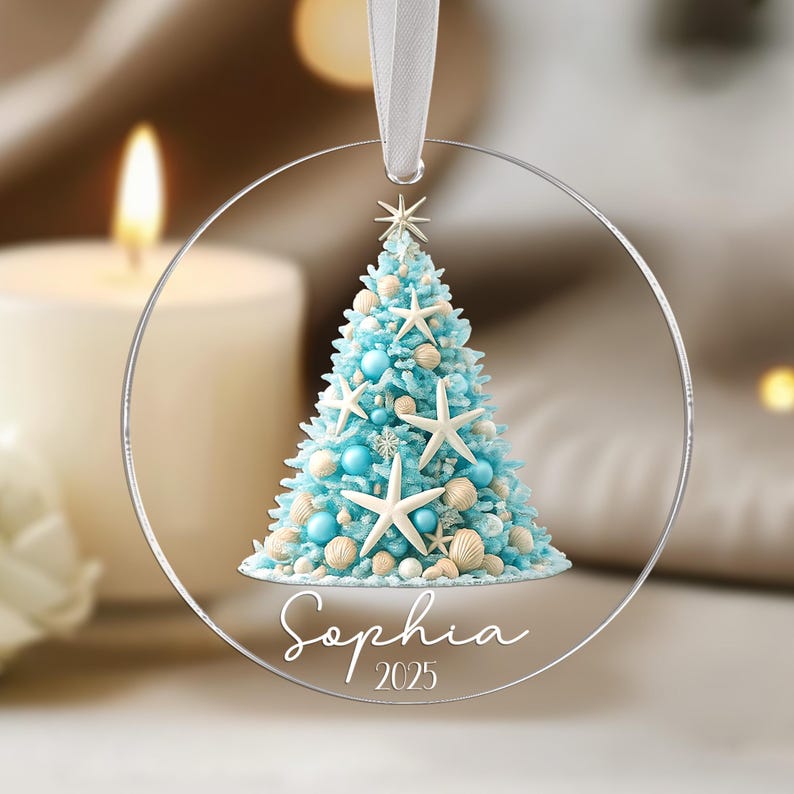 Personalized Coastal Christmas Ornament, Aqua Christmas Gift, Beachy Christmas Ornament, Real Starfish Acrylic Ornament, Gift For Daughter