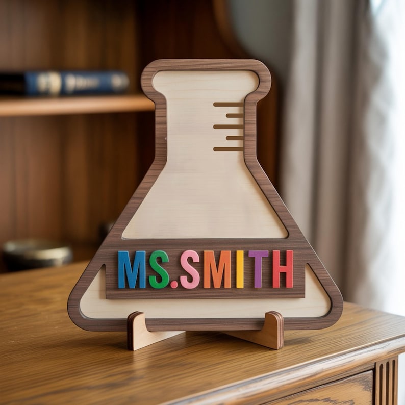 Personalized Science Teacher Beaker Sign: 3D Wooden Classroom Decor