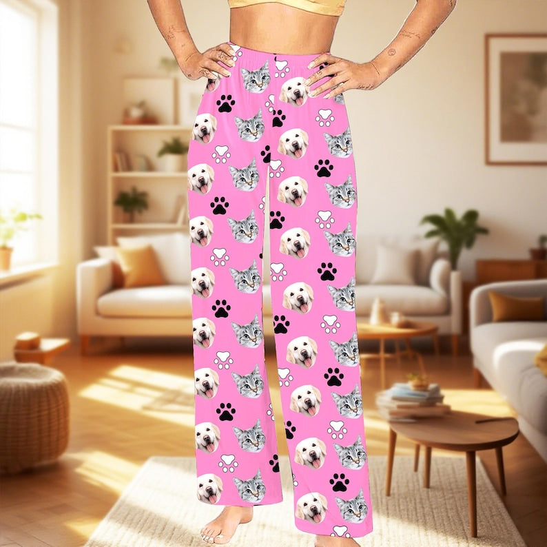 Custom Dog/Cat Faces Pajamas,Personalized Long Sleeve PJS Sets,Dog Paw Printed Pajamas,Funny Sleepwear,Birthday,Anniversary Gifts