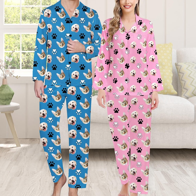Custom Dog/Cat Faces Pajamas,Personalized Long Sleeve PJS Sets,Dog Paw Printed Pajamas,Funny Sleepwear,Birthday,Anniversary Gifts