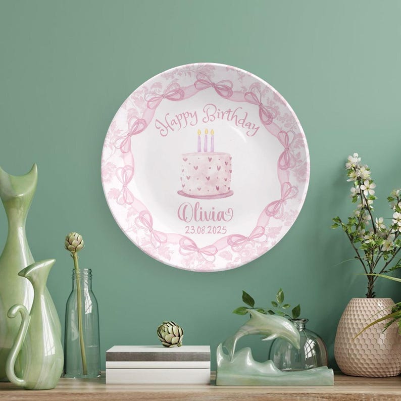 Pink Bow Birthday Plate Kids Happy Birthday Gift For Girls Personalized Name Ceramic Plate First Birthday Gift Rose Floral Keepsake