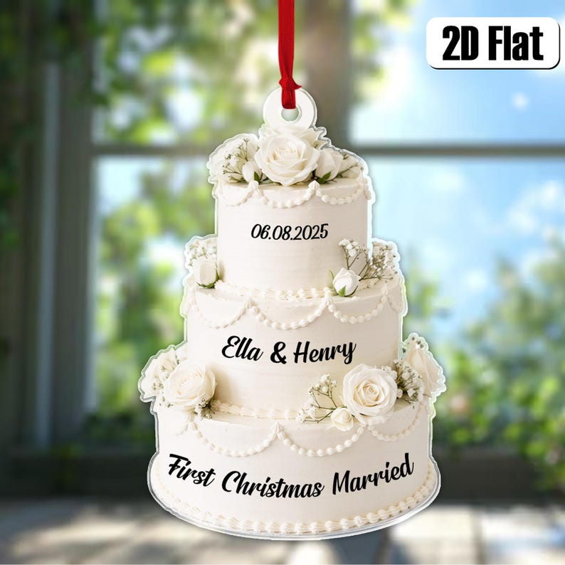 Personalized First Christmas Married Ornament, Wedding Cake 2D Flat Ornament, Custom Name Ornament, Mr Mrs Ornament, Wedding Ornament