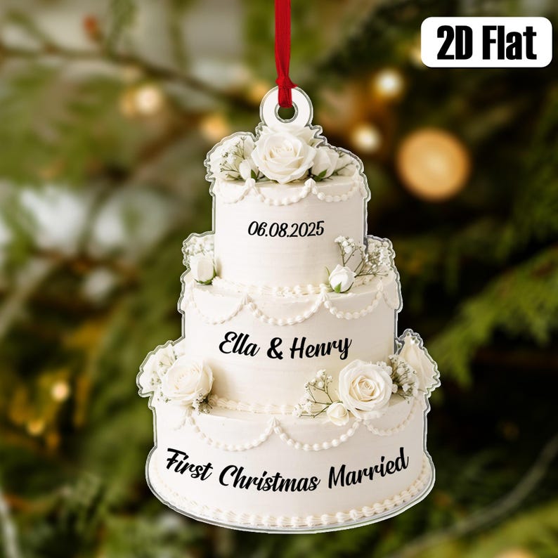 Personalized First Christmas Married Ornament, Wedding Cake 2D Flat Ornament, Custom Name Ornament, Mr Mrs Ornament, Wedding Ornament