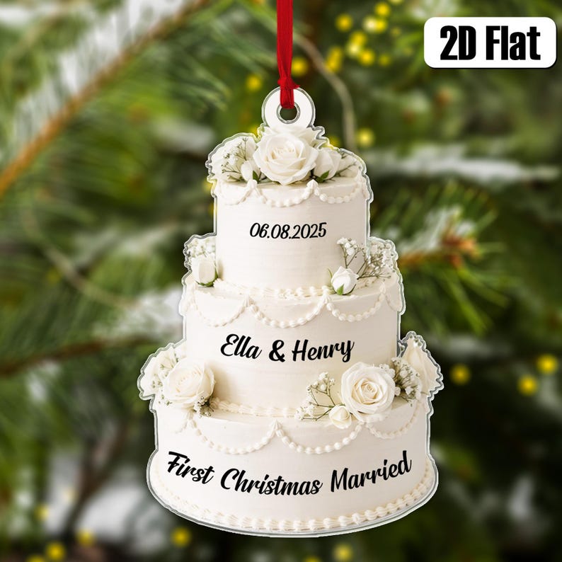 Personalized First Christmas Married Ornament, Wedding Cake 2D Flat Ornament, Custom Name Ornament, Mr Mrs Ornament, Wedding Ornament